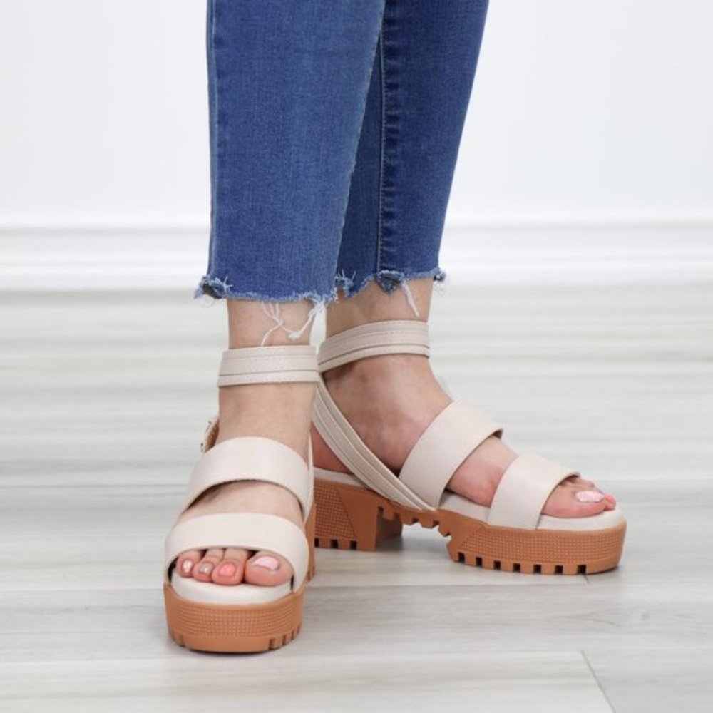 Nude Strappy Chunky Heel Sandal Faux Leather - Picture 2 of 12
